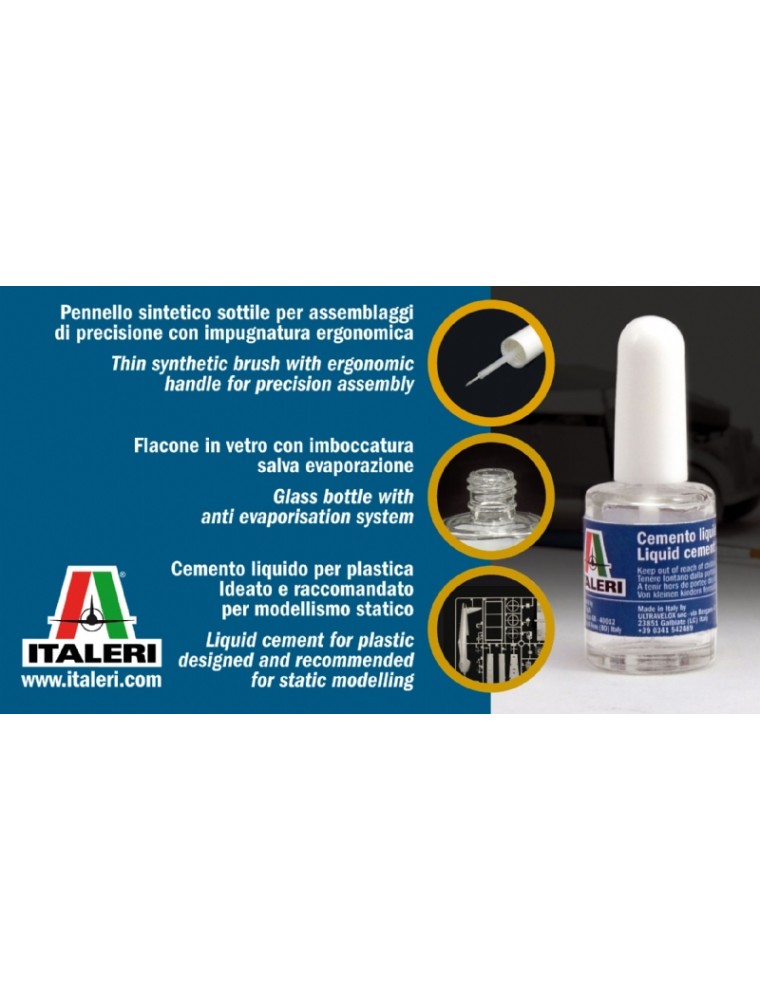 ITALERI - Cemento liquido per plastica 15 ml Pennello sottile sintetico con impugnatura ergonomica