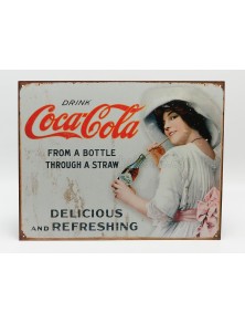 ACCESSORIES - METAL PLATE - COCA-COLA THROUGH A STRAW - WHITE RED