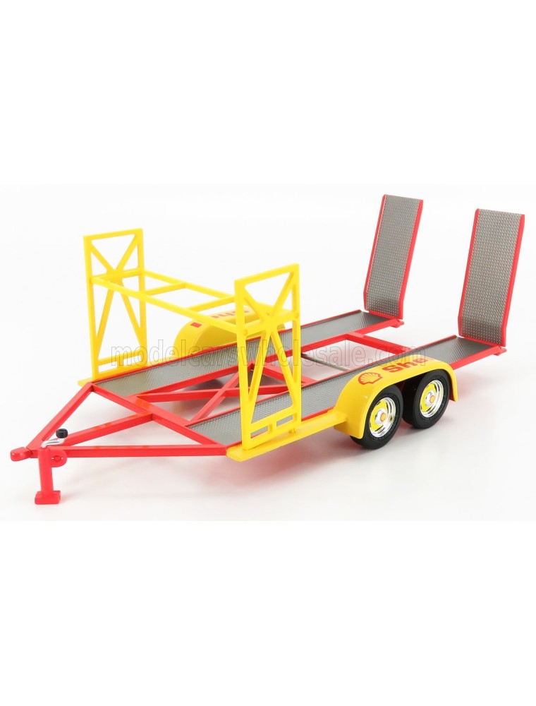 ACCESSORIES - CARRELLO TRASPORTO AUTO 2-ASSI - CAR TRANSPORTER TRAILER SHEEL OIL - YELLOW RED GREY