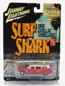 CADILLAC - ELDORADO AMBULANCE WITH SHARK GRAPHICS AN SURFBOARDS 1959 - RUSTY RED WHITE