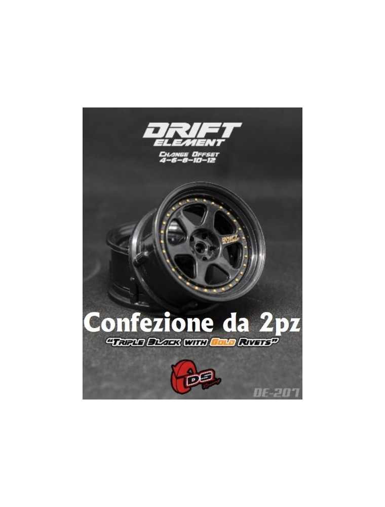 DS Racing - Coppia cerchi drift 6 razze triplo nero con rivetti oro