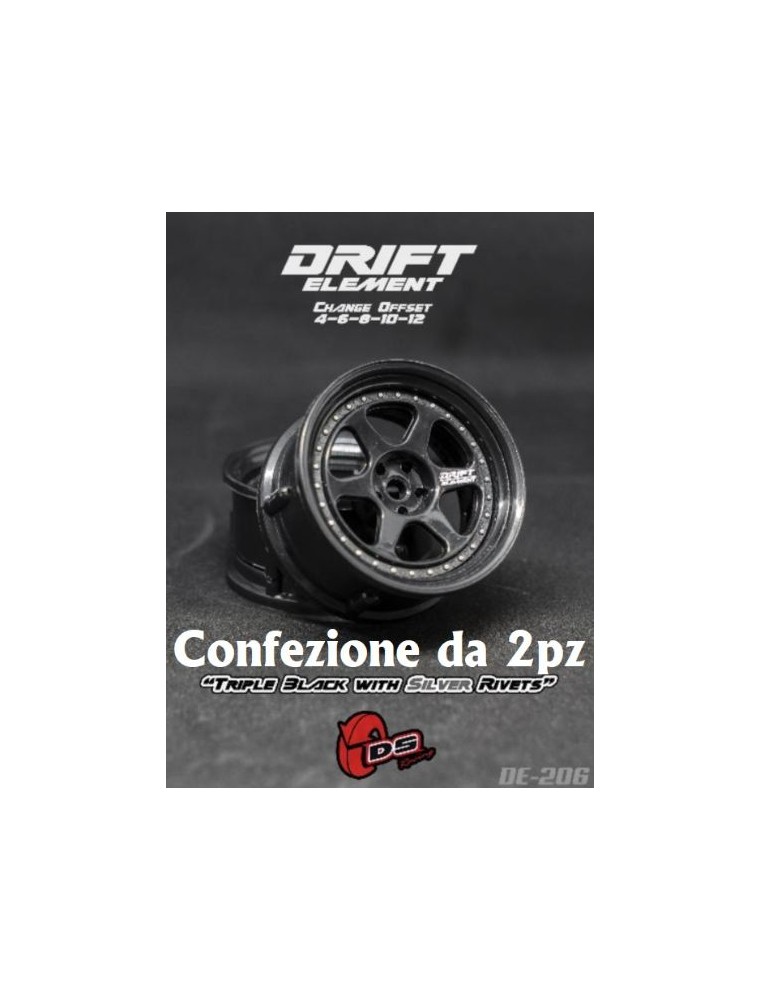 DS Racing - Coppia cerchi drift 6 razze triplo nero con rivetti argento