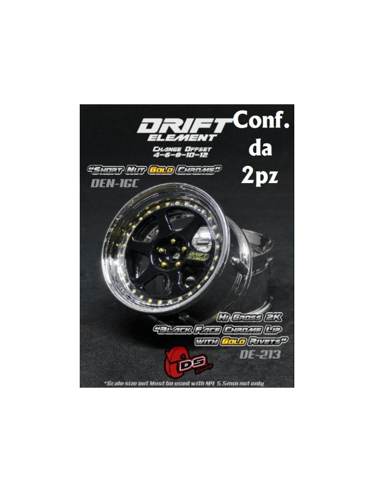 DS Racing - Coppia cerchi drift 6 razze neri/cromo con rivetti oro