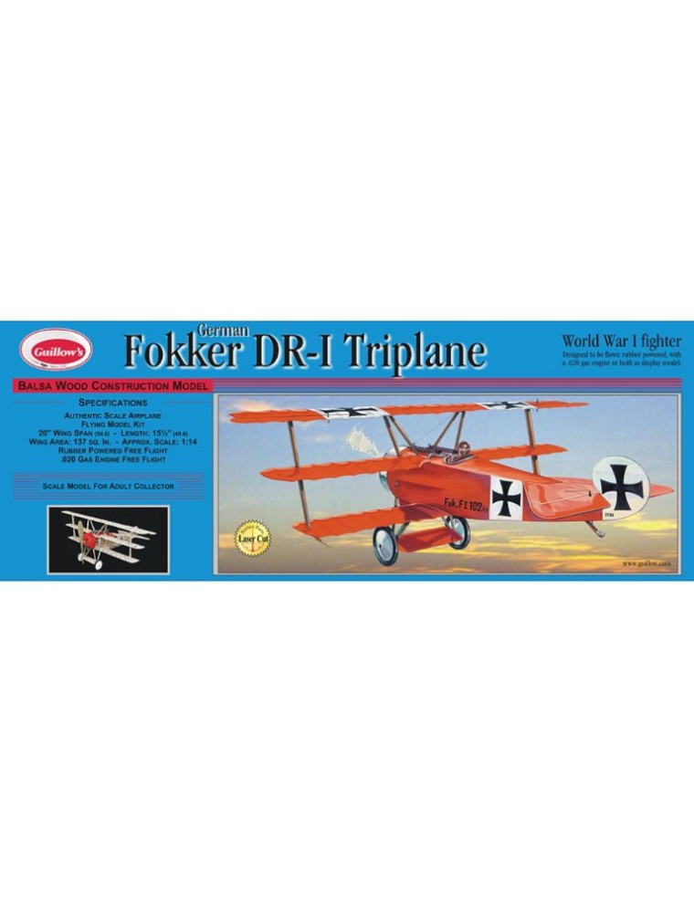 Guillows - FOKKER DR-1 TRIPLANO 51cm 1/14 BALSA KIT PER VOLO LIBERO