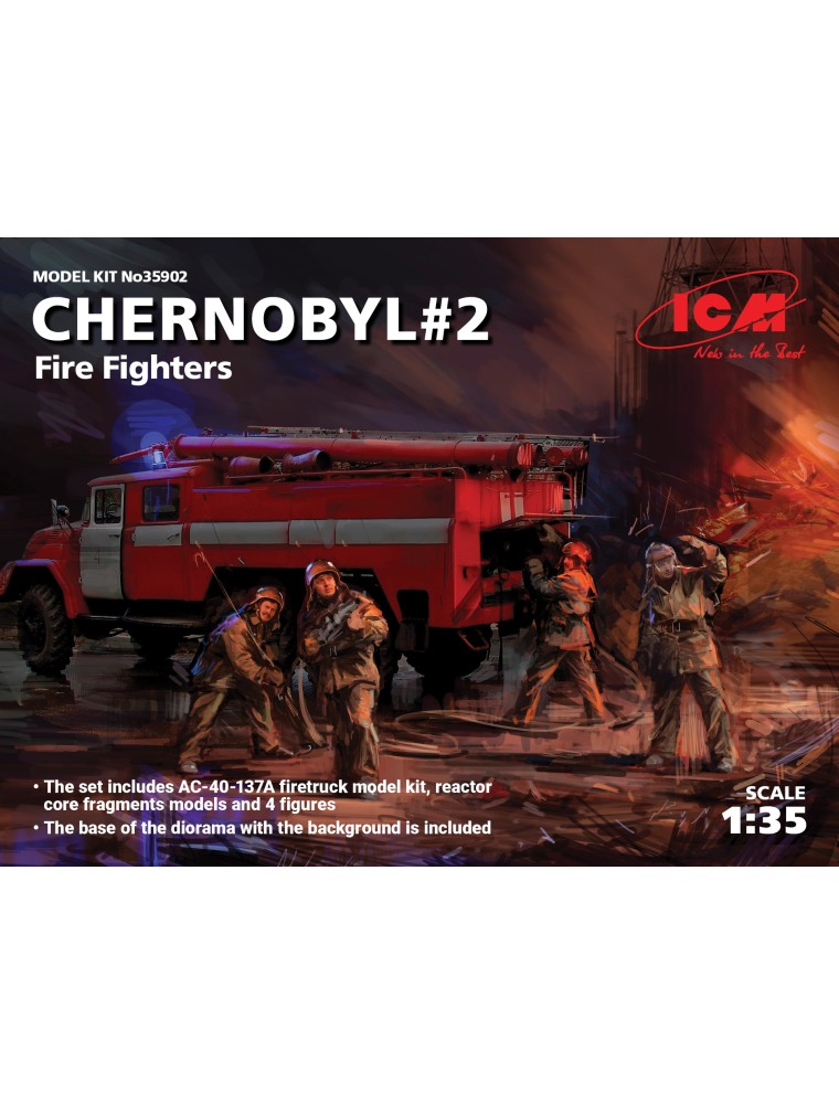 ICM - 1/35 Chernobyl#2. Fire Fighters (AC-40-137A firetruck & 4 figures & diorama base with background)