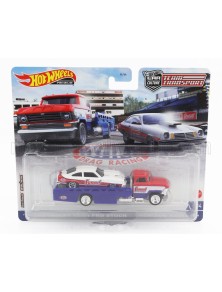 TRUCK - HORIZON RAMP TRUCK HAULER CAR TRANSPORTER WITH CHEVROLET VEGA RACING 1974 - RED WHITE BLUE