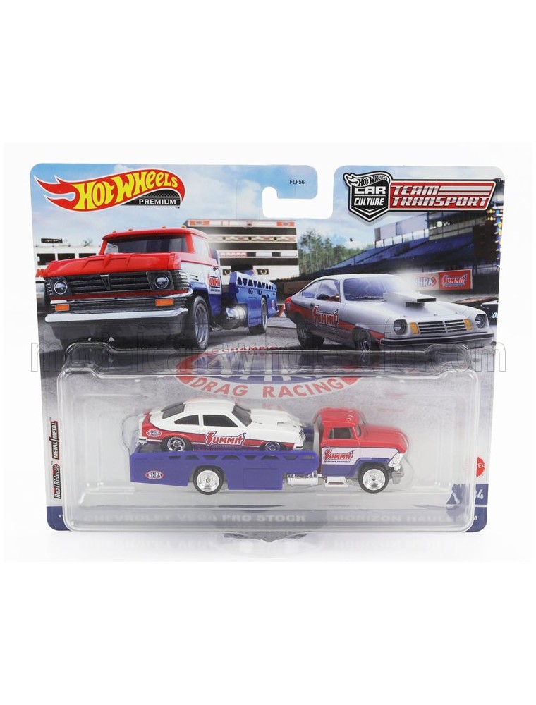 TRUCK - HORIZON RAMP TRUCK HAULER CAR TRANSPORTER WITH CHEVROLET VEGA RACING 1974 - RED WHITE BLUE