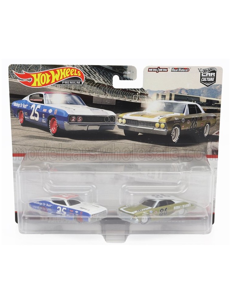 FORD USA - SET 2X TORINO TALLADEGA N 25 RACING + CHEVROLET CHEVELLE N 86 RACING 1966 - WHITE BLUE GOLD