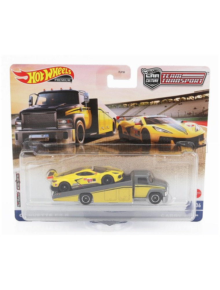 TRUCK - RAMP TRUCK CAR TRANSPORTER WITH CHEVROLET CORVETTE C8.R N 3 RACING 2021 - YELLOW GREY