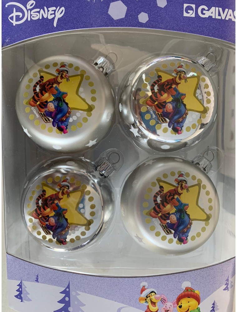 SET 4 PALLINE ARGENTO WINNIE THE POOH TIGRO E HI-HO 12 CM ADDOBBI NATALE