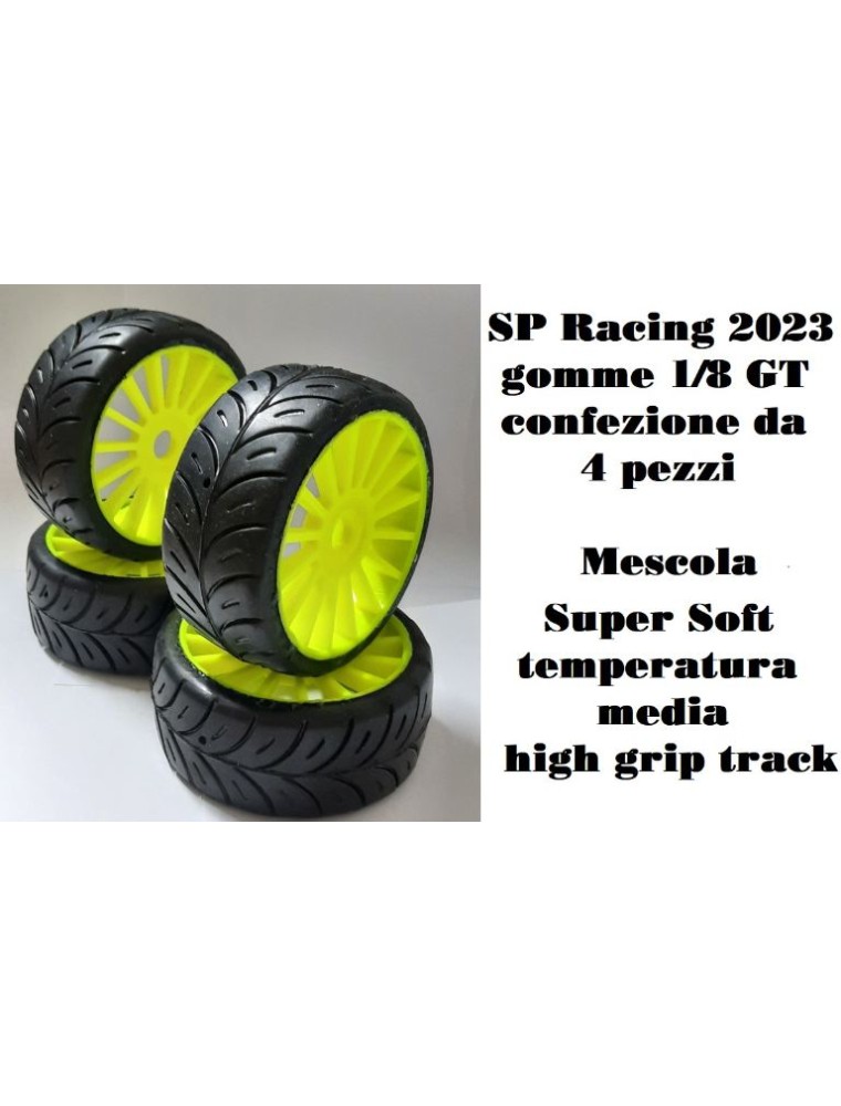 Sp Racing - Gomme 1/8 GT 2023 Super Soft temp. medie 4pz incollate su cerchi gialli