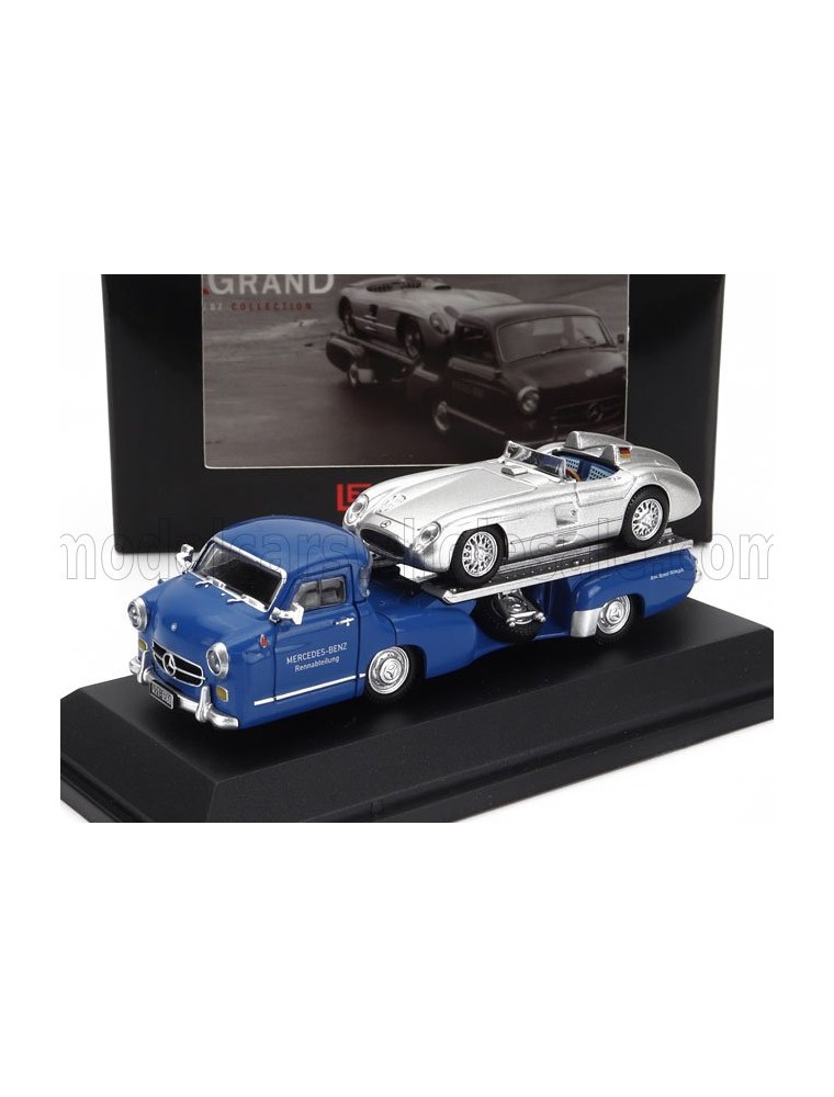 MERCEDES BENZ - SET 2X TRUCK RACING CAR TRANSPORTER RENNTRANSPORTER WITH 300 SLR SPIDER 1955 - BLUE SILVER