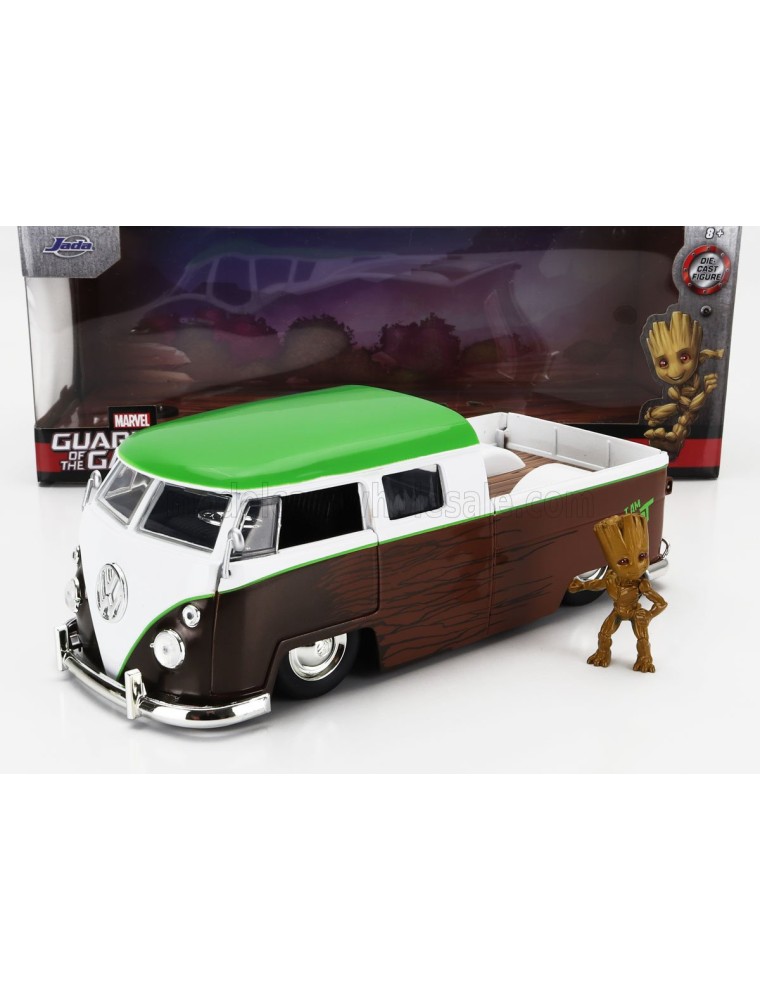 VOLKSWAGEN - T1 DOUBLE CABINE PICK-UP 1963 WITH GROOT FIGURE - GUARDIANS OF THE GALAXY - BROWN WHITE GREEN