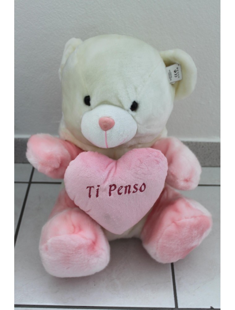 Peticoco - Peluche Orso bianco con cappuccio bianco rosa e cuore 40cm