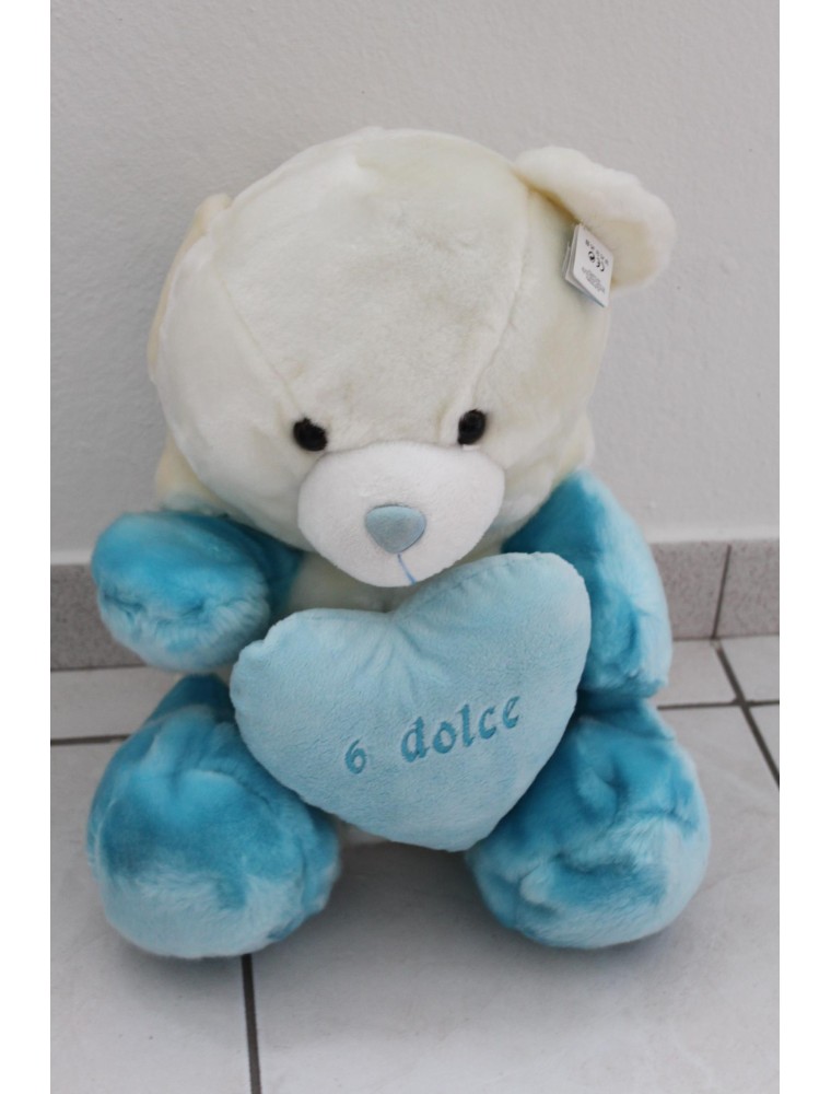 Peticoco - Peluche Orso bianco con cappuccio bianco azzurro e cuore 40cm