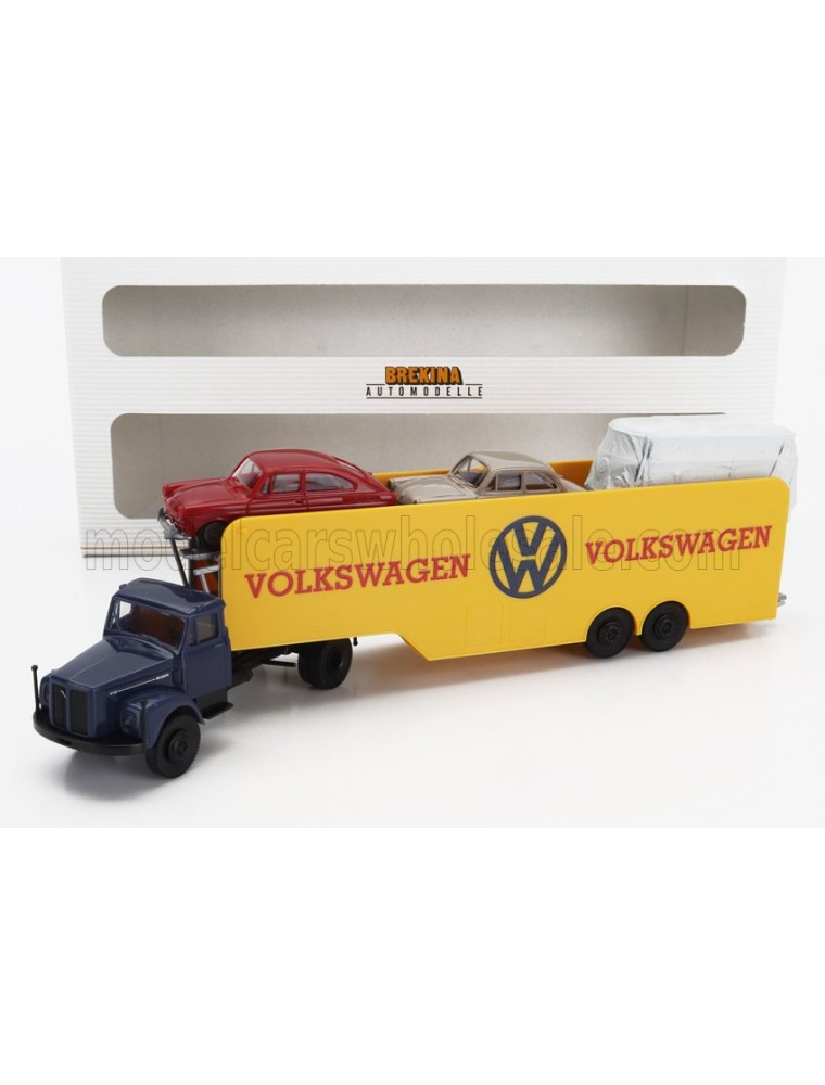 SCANIA - L111 TRUCK CAR TRANSPORTER WITH 2 CAR VOLKSWAGEN - BLUE YELLOW