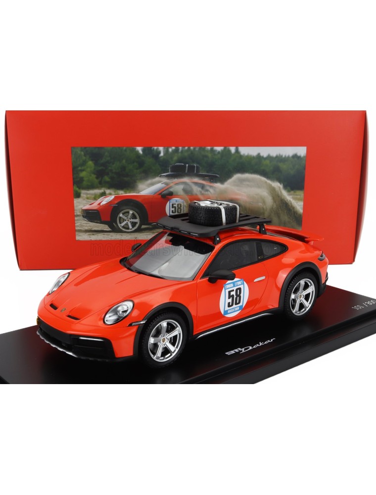 PORSCHE - 911 992 N 58 RALLY DAKAR RED58 SPECIAL WITH PACK ROOF 2023 - CON VETRINA - WITH SHOWCASE - BLOOD ORANGE