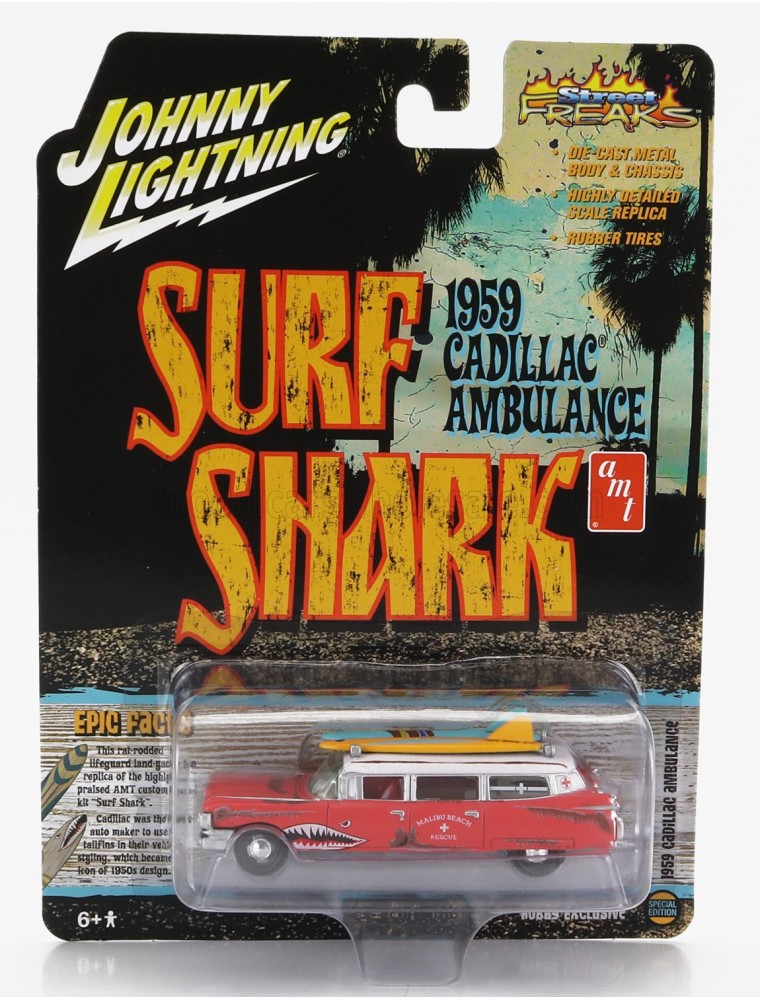 CADILLAC - ELDORADO AMBULANCE WITH SHARK GRAPHICS AN SURFBOARDS 1959 - RUSTY RED WHITE