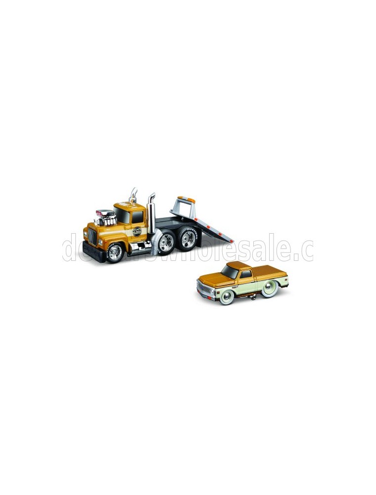 MACK - R685ST FLATBED TRUCK CAR TRANSPORTER WITH CHEVROLET C-10 PICK-UP CUSTOM 1972 - GOLD WHITE