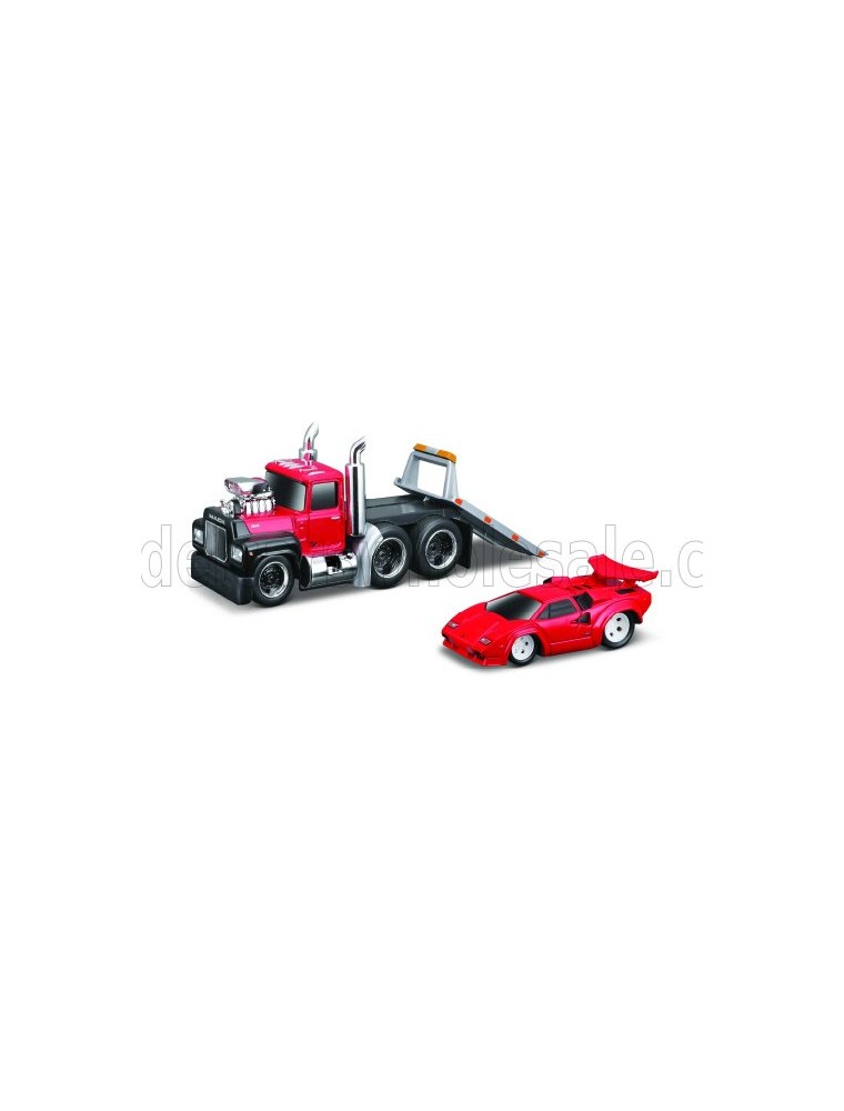 MACK - R685ST FLATBED TRUCK CAR TRANSPORTER WITH LAMBORGHINI COUNTACH CUSTOM 1988 - RED BLACK