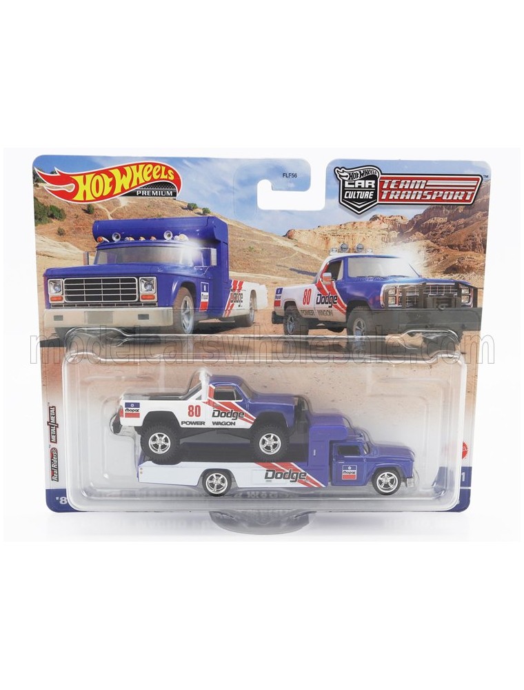 DODGE - RETRO RIG TRUCK CAR TRANSPORTER WITH MACHO POWER PICK-UP N 80 RACING 1980 - BLUE WHITE