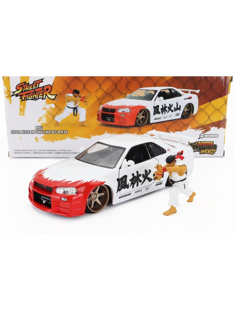 NISSAN - SKYLINE GT-R (R34) ADVAN 2002 WITH STREET FIGHTER RYU FIGURE - WHITE RED