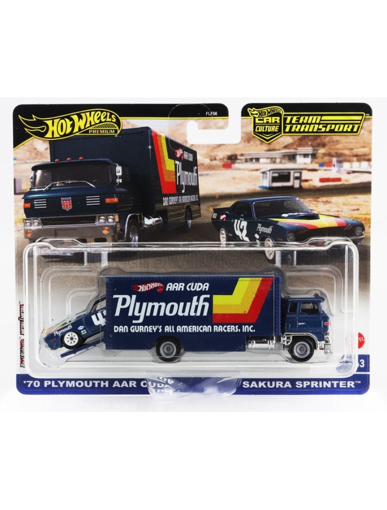 TRUCK - SAKURA SPRINTER CAR TRANSPORTER WITH PLYMOUTH CUDA N 42 RACING 1970 - BLUE