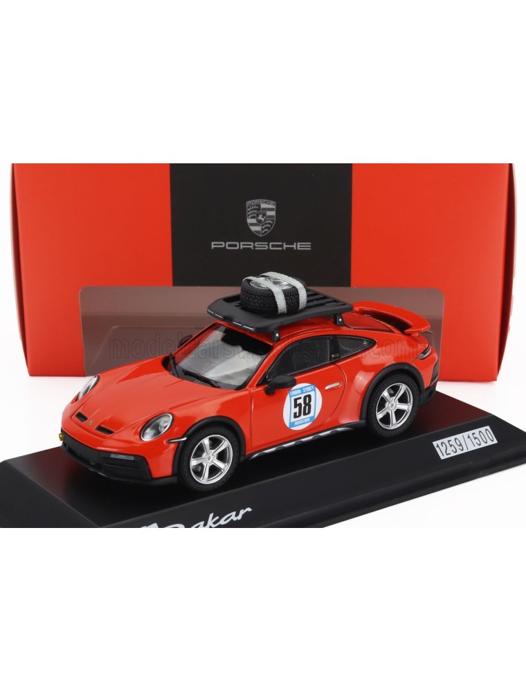 PORSCHE - 911 992 N 58 RALLY DAKAR RED58 SPECIAL WITH PACK ROOF 2023 - BLOOD ORANGE - 1/43