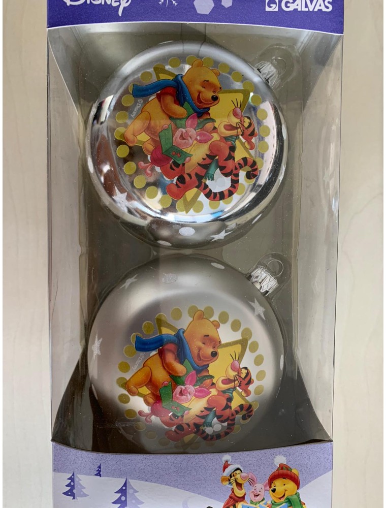 SET 2 PALLINE ARGENTO WINNIE THE POOH WINNIE, TIGRO E PIMPI 12 CM ADDOBBI NATALE