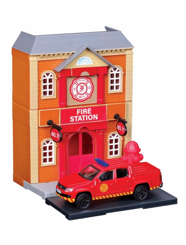 ACCESSORIES - DIORAMA - SET FIRE STATION WITH VOLKSWAGEN AMAROK PICK-UP 2009 - RED - 1/43